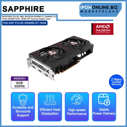 SAPPHIRE PULSE AMD RADEON RX9060 XT GAMING OC 16GB GDDR6 DUAL HDMI/ DP Gaming Graphic Card SAPPHIRE PULSE AMD RADEON RX9060 XT GAMING OC 16GB GDDR6 DUAL HDMI/ DP Gaming Graphic Card