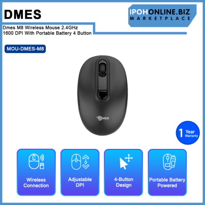 Dmes M8 Wireless Mouse 2.4GHz 1600 DPI With Portable Battery 4 Button Dmes M8 Wireless Mouse 2.4GHz 1600 DPI With Portable Battery 4 Button