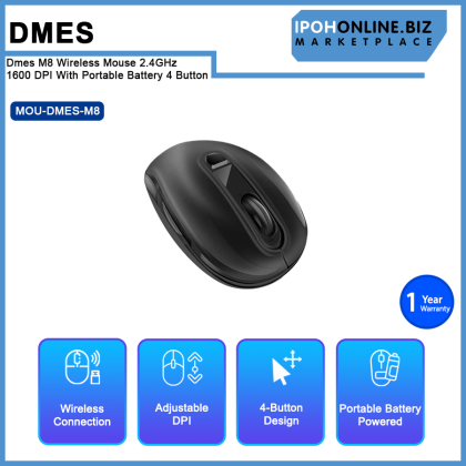 Dmes M8 Wireless Mouse 2.4GHz 1600 DPI With Portable Battery 4 Button Dmes M8 Wireless Mouse 2.4GHz 1600 DPI With Portable Battery 4 Button