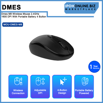 Dmes M8 Wireless Mouse 2.4GHz 1600 DPI With Portable Battery 4 Button Dmes M8 Wireless Mouse 2.4GHz 1600 DPI With Portable Battery 4 Button