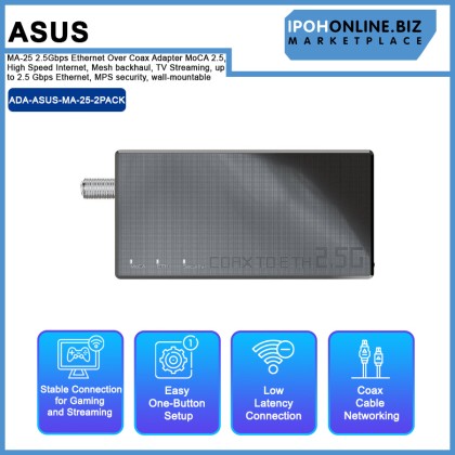 Asus MA-25 2.5Gbps Ethernet Over Coax Adapter MoCA 2.5, High Speed Internet, Mesh backhaul, TV Streaming, up to 2.5 Gbps Ethernet, MPS security, wall-mountable Asus MA-25 2.5Gbps Ethernet Over Coax Adapter MoCA 2.5, High Speed Internet, Mesh backhaul, TV Streaming, up to 2.5 Gbps Ethernet, MPS security, wall-mountable