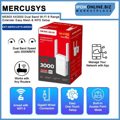 Mercusys ME80X AX3000 Dual Band Wi-Fi 6 Range Extender Easy Mesh & WPS Setup Mercusys ME80X AX3000 Dual Band Wi-Fi 6 Range Extender Easy Mesh & WPS Setup