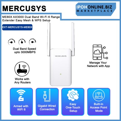 Mercusys ME80X AX3000 Dual Band Wi-Fi 6 Range Extender Easy Mesh & WPS Setup Mercusys ME80X AX3000 Dual Band Wi-Fi 6 Range Extender Easy Mesh & WPS Setup
