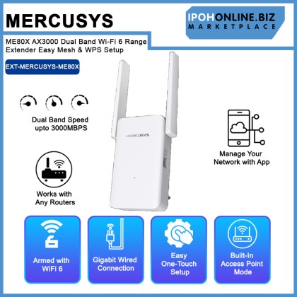 Mercusys ME80X AX3000 Dual Band Wi-Fi 6 Range Extender Easy Mesh & WPS Setup Mercusys ME80X AX3000 Dual Band Wi-Fi 6 Range Extender Easy Mesh & WPS Setup