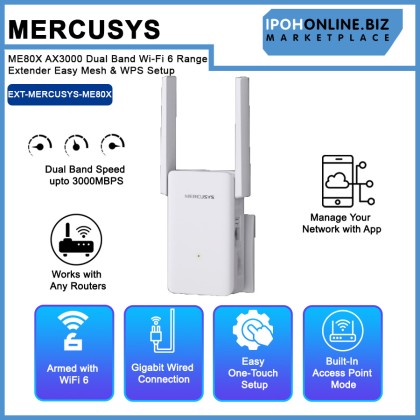 Mercusys ME80X AX3000 Dual Band Wi-Fi 6 Range Extender Easy Mesh & WPS Setup Mercusys ME80X AX3000 Dual Band Wi-Fi 6 Range Extender Easy Mesh & WPS Setup