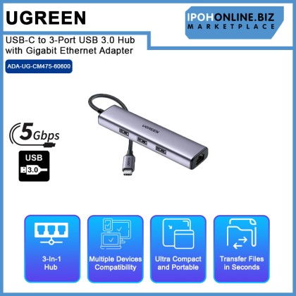 UGREEN UG-CM475-60600 USB-C to 3-Port USB 3.0 Hub with Gigabit Ethernet Adapter UGREEN UG-CM475-60600 USB-C to 3-Port USB 3.0 Hub with Gigabit Ethernet Adapter