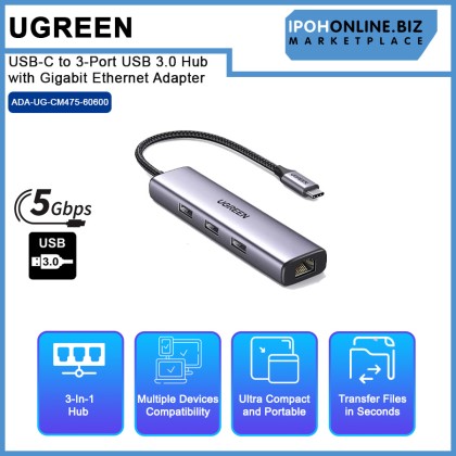 UGREEN UG-CM475-60600 USB-C to 3-Port USB 3.0 Hub with Gigabit Ethernet Adapter UGREEN UG-CM475-60600 USB-C to 3-Port USB 3.0 Hub with Gigabit Ethernet Adapter