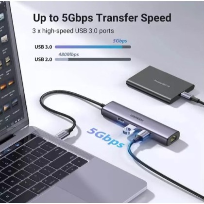 UGREEN UG-CM475-60600 USB-C to 3-Port USB 3.0 Hub with Gigabit Ethernet Adapter UGREEN UG-CM475-60600 USB-C to 3-Port USB 3.0 Hub with Gigabit Ethernet Adapter