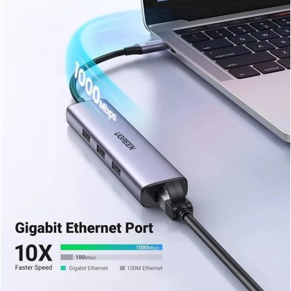 UGREEN UG-CM475-60600 USB-C to 3-Port USB 3.0 Hub with Gigabit Ethernet Adapter UGREEN UG-CM475-60600 USB-C to 3-Port USB 3.0 Hub with Gigabit Ethernet Adapter