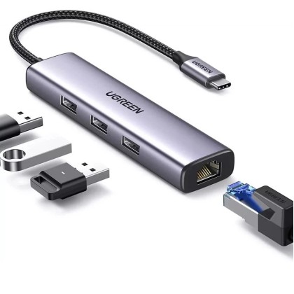 UGREEN UG-CM475-60600 USB-C to 3-Port USB 3.0 Hub with Gigabit Ethernet Adapter UGREEN UG-CM475-60600 USB-C to 3-Port USB 3.0 Hub with Gigabit Ethernet Adapter