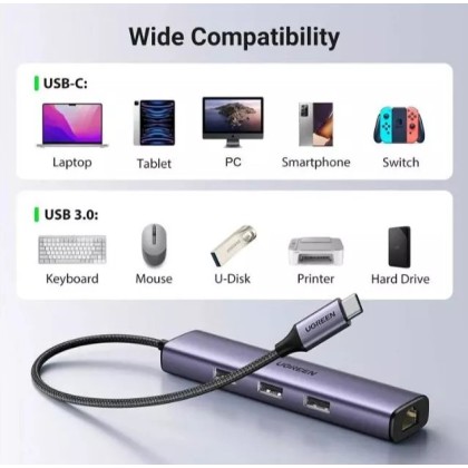 UGREEN UG-CM475-60600 USB-C to 3-Port USB 3.0 Hub with Gigabit Ethernet Adapter UGREEN UG-CM475-60600 USB-C to 3-Port USB 3.0 Hub with Gigabit Ethernet Adapter