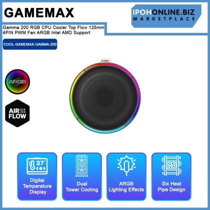 GameMax Gamma 200 RGB CPU Cooler Top Flow 125mm 4PIN PWM Fan ARGB Intel AMD Support GameMax Gamma 200 RGB CPU Cooler Top Flow 125mm 4PIN PWM Fan ARGB Intel AMD Support