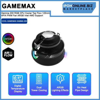 GameMax Gamma 200 RGB CPU Cooler Top Flow 125mm 4PIN PWM Fan ARGB Intel AMD Support GameMax Gamma 200 RGB CPU Cooler Top Flow 125mm 4PIN PWM Fan ARGB Intel AMD Support