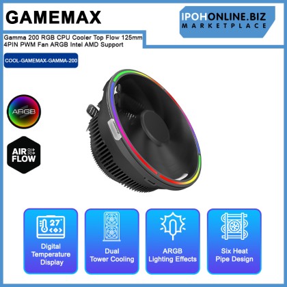 GameMax Gamma 200 RGB CPU Cooler Top Flow 125mm 4PIN PWM Fan ARGB Intel AMD Support GameMax Gamma 200 RGB CPU Cooler Top Flow 125mm 4PIN PWM Fan ARGB Intel AMD Support