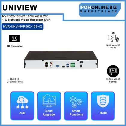 UNIVIEW NVR502-16B-IQ Network 16CH 4K H.265 Build in 2-SATA Ports 1-U Network Video Recorder NVR UNIVIEW NVR502-16B-IQ Network 16CH 4K H.265 Build in 2-SATA Ports 1-U Network Video Recorder NVR