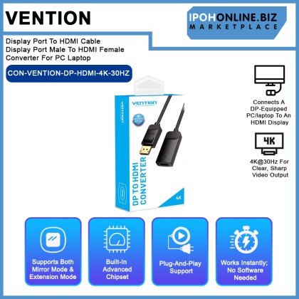 Vention Display Port To HDMI Cable 4K 30HZ Display Port Male To HDMI Female Converter For PC Laptop (HBUBB) Vention Display Port To HDMI Cable 4K 30HZ Display Port Male To HDMI Female Converter For PC Laptop (HBUBB)