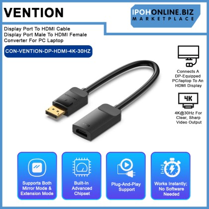Vention Display Port To HDMI Cable 4K 30HZ Display Port Male To HDMI Female Converter For PC Laptop (HBUBB) Vention Display Port To HDMI Cable 4K 30HZ Display Port Male To HDMI Female Converter For PC Laptop (HBUBB)