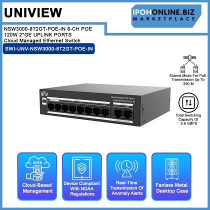 UNV NSW3000-8T2GT-POE-IN 8-CH POE 120W 2*GE UPLINK PORTS Cloud Managed Ethernet Switch UNV NSW3000-8T2GT-POE-IN 8-CH POE 120W 2*GE UPLINK PORTS Cloud Managed Ethernet Switch