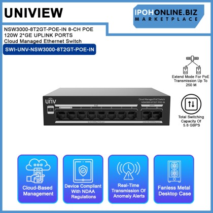 UNV NSW3000-8T2GT-POE-IN 8-CH POE 120W 2*GE UPLINK PORTS Cloud Managed Ethernet Switch UNV NSW3000-8T2GT-POE-IN 8-CH POE 120W 2*GE UPLINK PORTS Cloud Managed Ethernet Switch