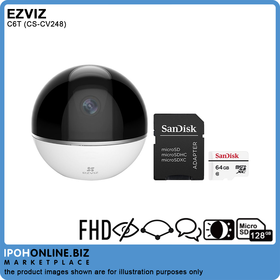 EZVIZ C6T Full HD Indoor Wi-Fi Cloud Camera 1080p With 2 Way Audio CS-CV248 + SanDisk SDSDQQ-O64G-G4