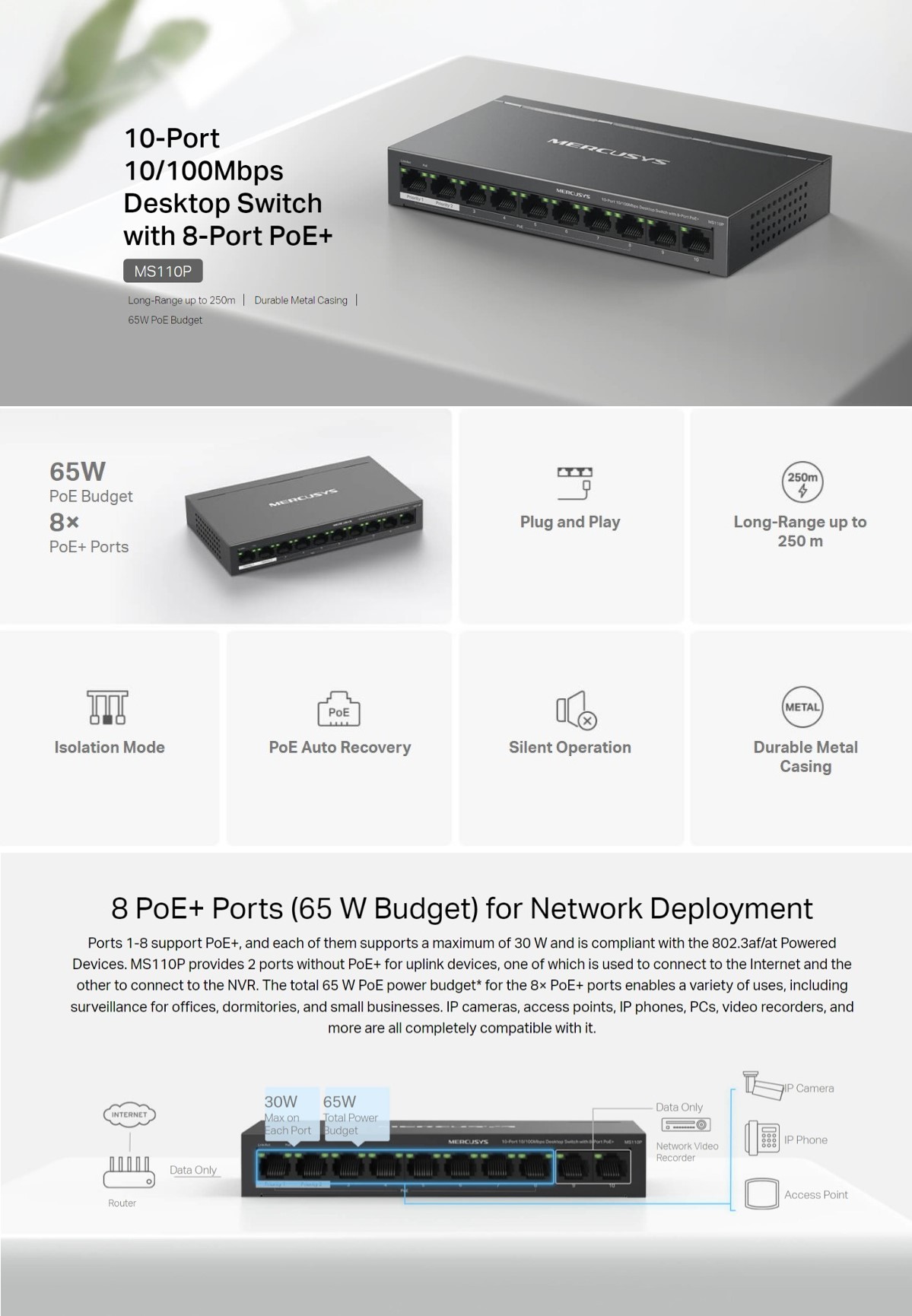 Mercusys MS110P Switch – 10 Ports 10/100 MBit/s, Davon 8 Mit PoE+, Nicht Verwaltet