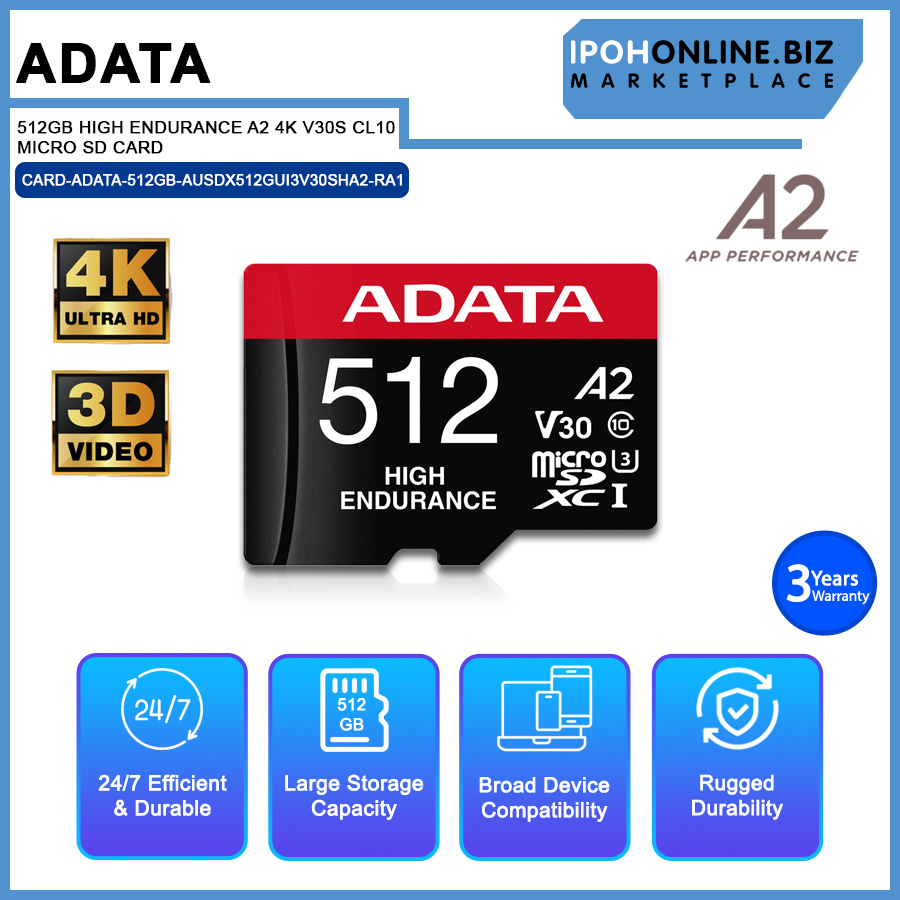 ADATA 512GB HIGH ENDURANCE A2 4K V30S CL10 MICRO SD CARD